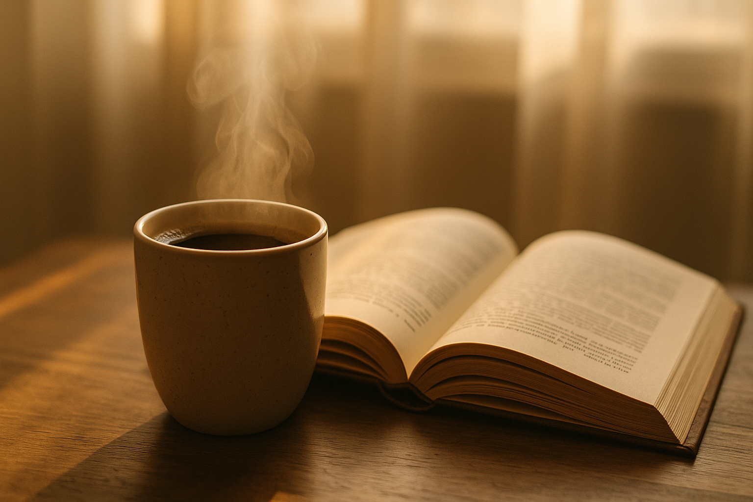 A steaming coffee mug next to an open book bathed in soft morning light