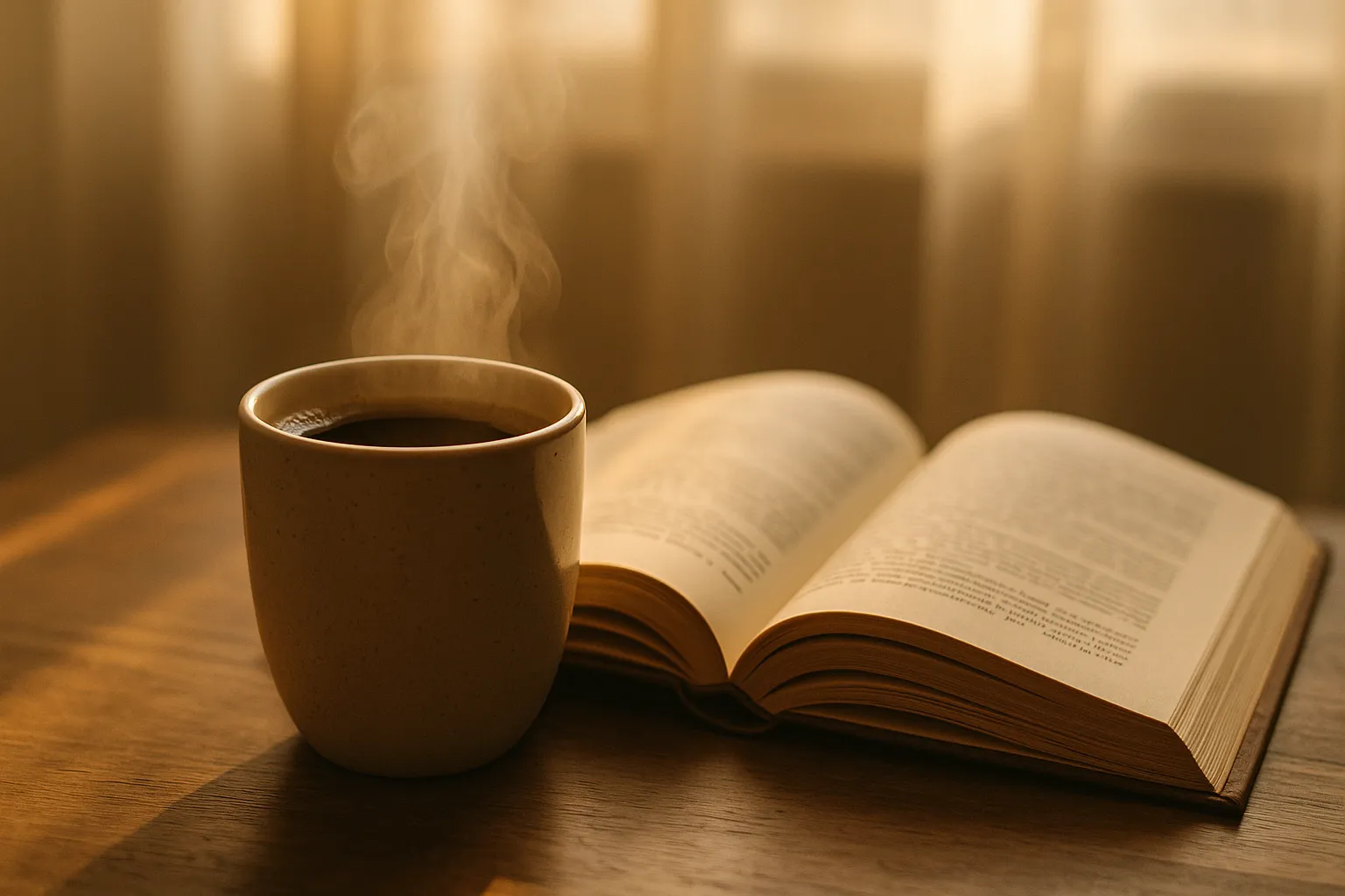 A steaming coffee mug next to an open book bathed in soft morning light