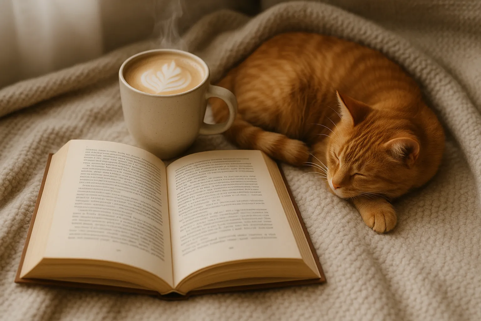 A cozy reading scene with coffee and a cat