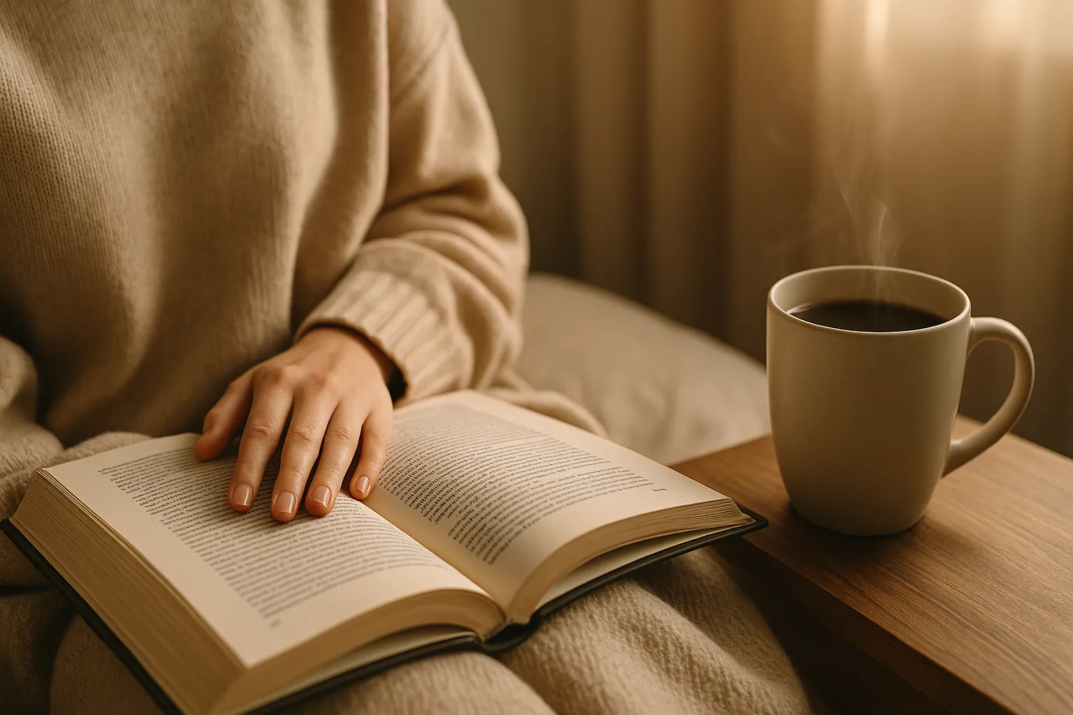 A woman's hand resting on an open book with a coffee mug nearby, soft light and calm ambiance